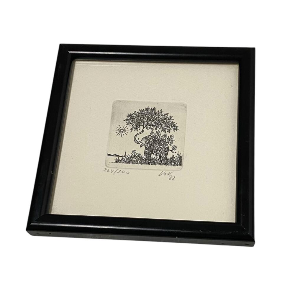 Elephant Etching Signed Vintage Limited Edition 4.75" x 4.75" Framed Decor - Picture 9 of 11